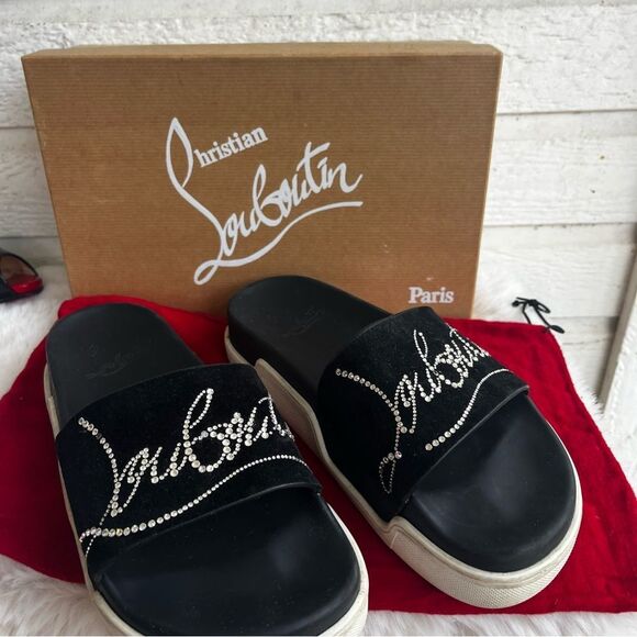 CHRISTIAN LOUBOUTIN SUEDE black Diamanté Crystal Slides Sandals Sz. 37 - Picture 2 of 9